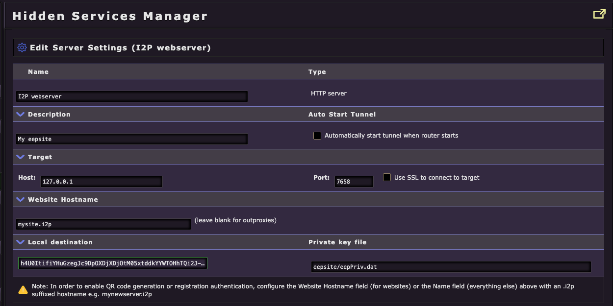 Eepsite Server Settings
